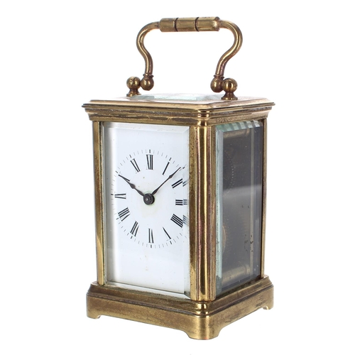 1227 - Miniature carriage clock timepiece, within a corniche brass case, 4.25