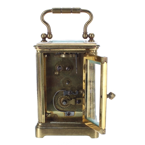 1227 - Miniature carriage clock timepiece, within a corniche brass case, 4.25