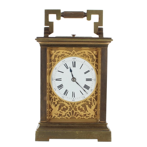 1239 - French repeater carriage clock striking on a gong, the movement back plate and base stamped with ser... 