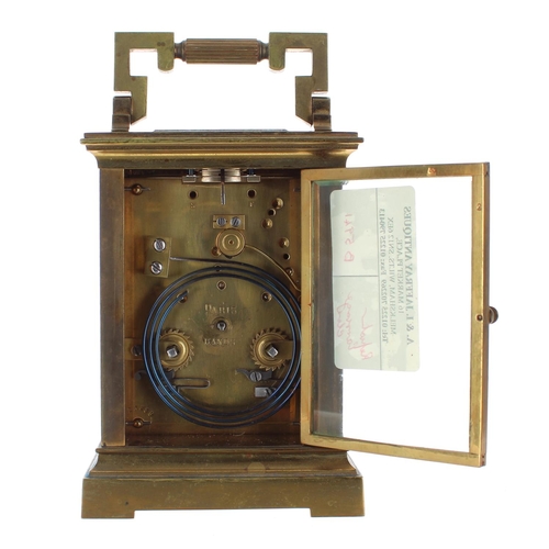 1239 - French repeater carriage clock striking on a gong, the movement back plate and base stamped with ser... 