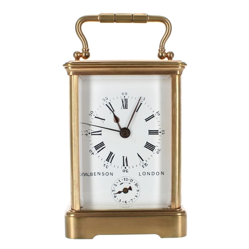 1244 - Reproduction carriage clock with alarm striking on a bell, the white dial with centre seconds signed... 