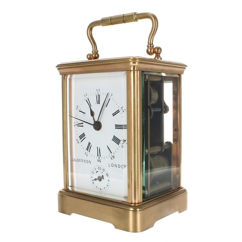 1244 - Reproduction carriage clock with alarm striking on a bell, the white dial with centre seconds signed... 