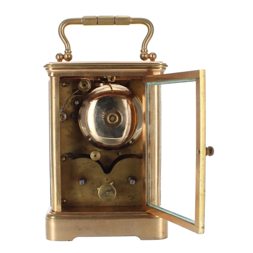 1244 - Reproduction carriage clock with alarm striking on a bell, the white dial with centre seconds signed... 