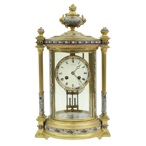 1512 - Good French brass and cloisonne two train four glass mantel clock, the 3.5