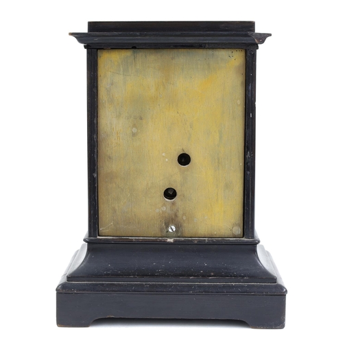 1518 - English ebonised mantel clock timepiece in need of restoration with platform escapement, the dial in... 