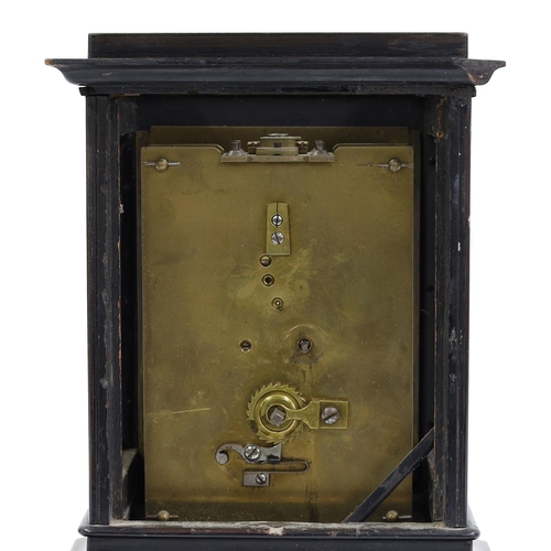 1518 - English ebonised mantel clock timepiece in need of restoration with platform escapement, the dial in... 