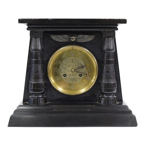 1524 - French Egyptian inspired black marble two train mantel clock striking on a bell, the movement back p... 