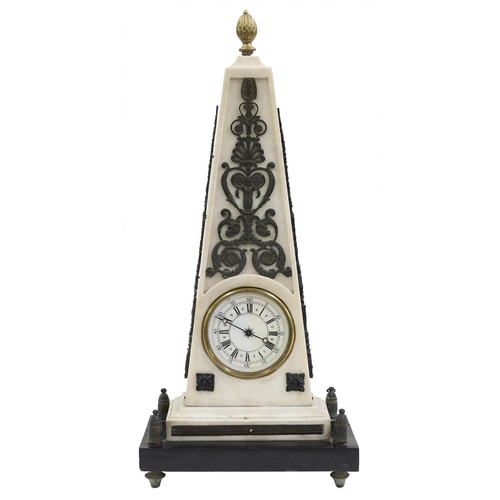 1526 - White marble obelisk mantel clock timepiece, the 3.25