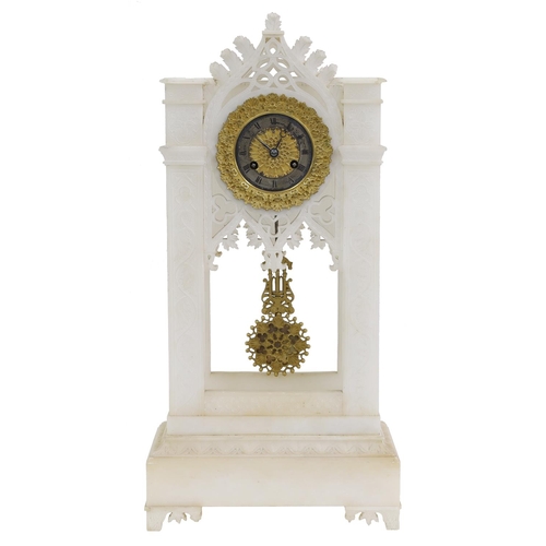 1527 - French alabaster two train mantel clock, the movement with outside countwheel striking on a bell, th... 