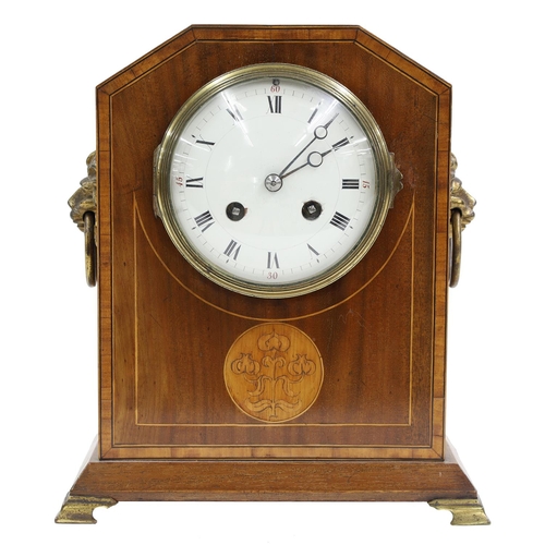 2307 - French mahogany inlaid two train mantel clock striking on a gong, the 4