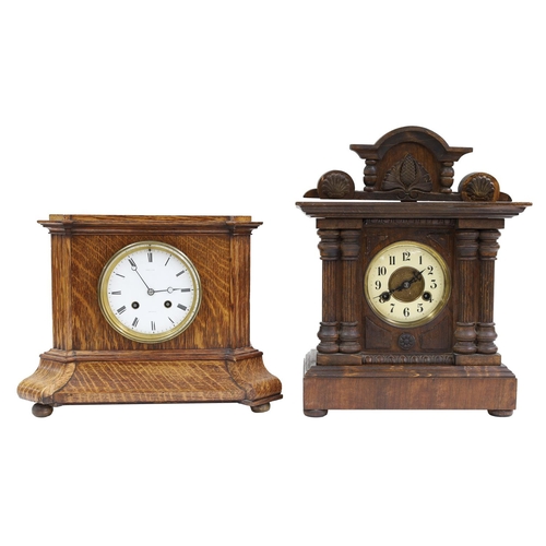 2327 - Art Deco style oak two train mantel clock striking on a gong, the 4.5