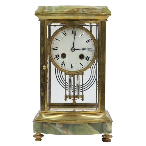 2332 - French brass and green onyx four glass two train mantel clock striking on a gong, the 3.5