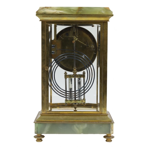 2332 - French brass and green onyx four glass two train mantel clock striking on a gong, the 3.5