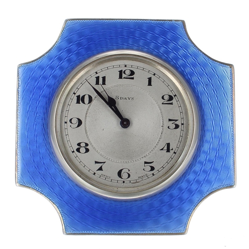 2501 - Small Swiss silver and blue guilloche enamel eight day travelling easel clock timepiece, 3.25