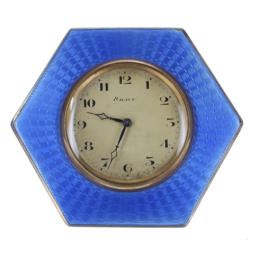 2502 - Small Swiss silver and blue guilloche enamel eight day travelling easel clock timepiece, within a he... 