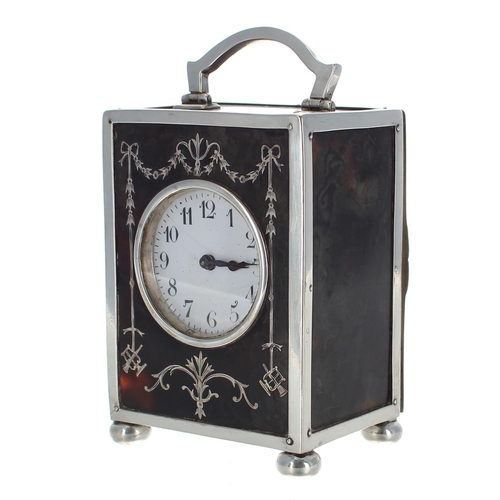 2505 - George V tortoiseshell and silver piqué work carriage clock type timepiece, inscribed to the base A/... 