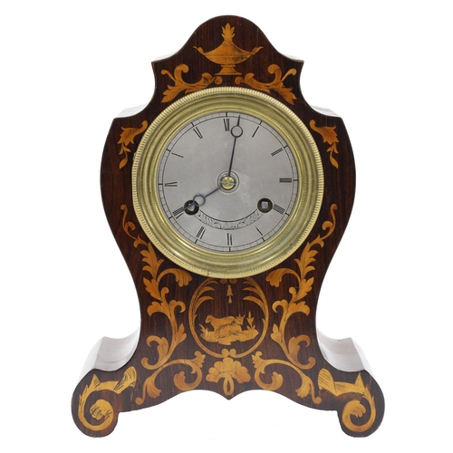 2506 - Small attractive French rosewood and inlaid two train mantel clock, the movement with outside countw... 