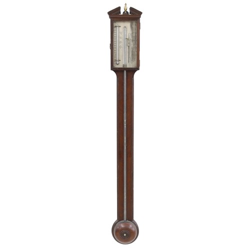 1019 - Mahogany stick barometer, the silvered scale over a flat trunk and hemispherical turned cistern cove... 