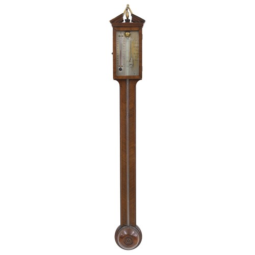 1020 - Mahogany stick barometer, the silvered scale over a flat banded trunk with canted corners to the hem... 