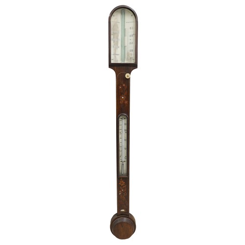 1021 - Attractive rosewood inlaid stick barometer, the angled scale signed W.R. Jeffrey, Scarborough over a... 