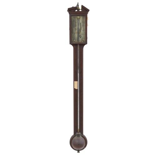 1022 - Mahogany stick barometer, the silvered scale over a flat trunk with canted corners to the hemispheri... 