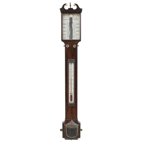 1023 - Rosewood stick barometer/thermometer, the ivory scale signed John Branam, Bristol, over a flat cante... 