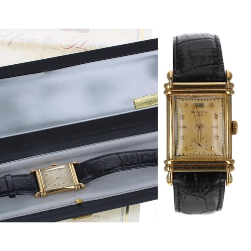 582 - Rare and fine Patek Philippe 18ct rectangular gentleman's wristwatch, reference no. 2400, case no. 5... 