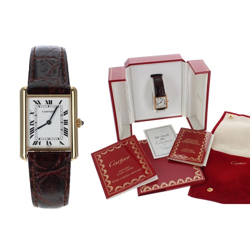 Cartier Tank Louis 18ct gentleman's wristwatch, reference no. 88105, case no. 210xxx, circa 1990, the dial with Roman numerals, secret signature at seven and inner minute track, blued steel hands, cabouchon crown, modern brown crocodile strap, quartz, 23mm (the movement requires attention)