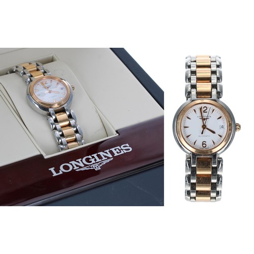 607 - Longines Primaluna automatic 18ct rose gold and stainless steel lady's wristwatch, reference no. L8.... 