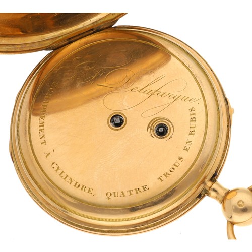 885 - French early 19th century 18ct slim gold quarter repeating cylinder pocket watch, the gilt frosted m... 