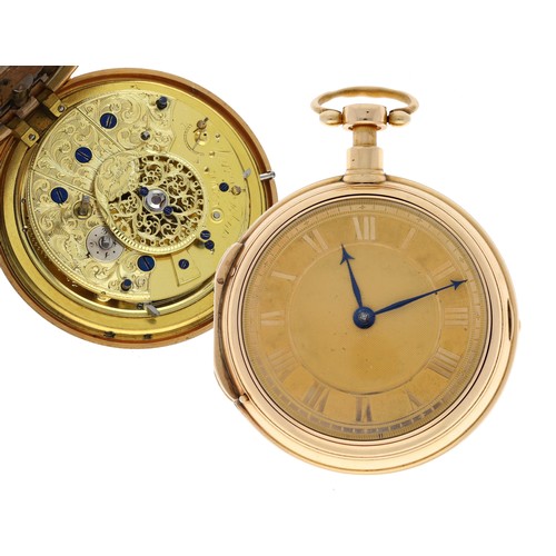 Early 19th century 18ct quarter repeating cylinder pair cased pocket watch, the fusee movement signed Tobias Morris, London, with plunge repeat and hammers striking a bell set to the inner case, with cylindrical pillars and a pierced and engraved balance cock with a silvered regulating disc, signed dust cover, engine turned gold coloured dial with Roman numerals and blued steel hands, within a pierced and engraved inner case, the plain outer case stamped 'K18', the hinge with a Dutch gold duty stamp mark and marked '585', case maker stamp 'PHPI', no.14746, 167.4gm, 58mm; with key