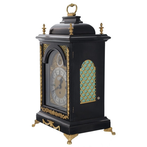 1315 - English ebonised and ormolu mounted triple fusee bracket clock, the 5.5