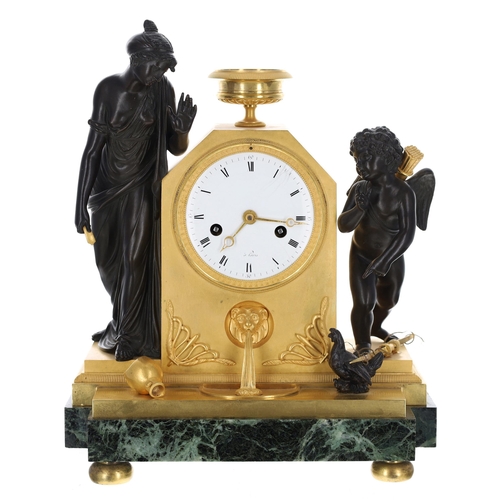 1319 - Fine French Directoire ormolu, bronze and green marble two train mantel clock, the movement with out... 