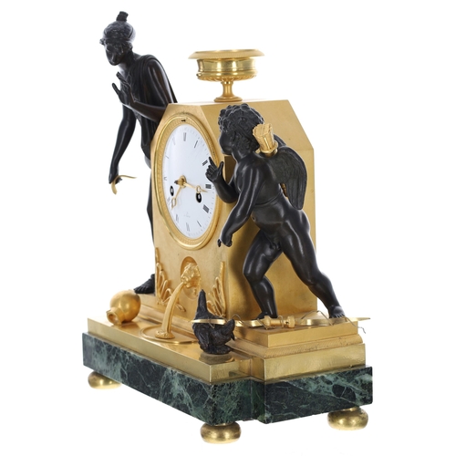 1319 - Fine French Directoire ormolu, bronze and green marble two train mantel clock, the movement with out... 