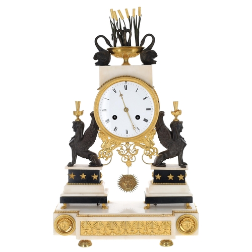 1320 - Fine French Directoire ormolu, bronze and white marble two train mantel clock, the movement with out... 