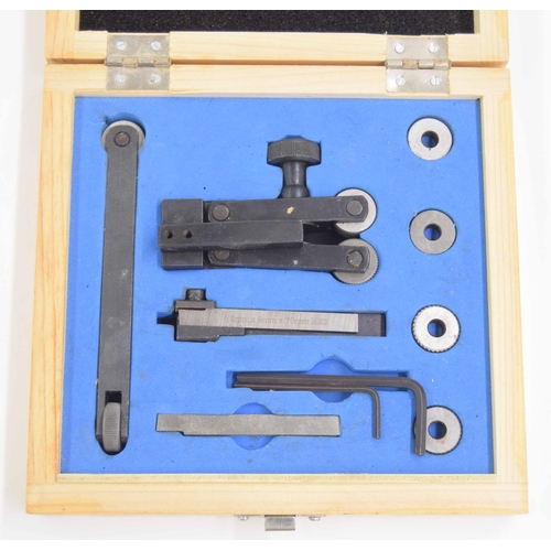 2103 - Lathe knurling set, within a light wooden square box inscribed Soba Precision Tools