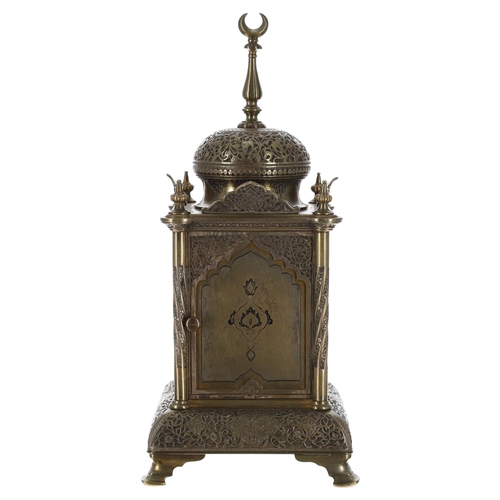 1302 - Attractive small brass two train mantel clock striking on a gong and probably made for the Turkish m... 