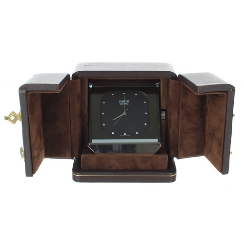 2510 - Rado Quartz stainless steel desk clock, within a folding fitted travelling case, 2.75