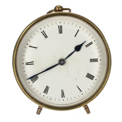 2512 - Brass drumhead mantel clock timepiece with platform escapement, within a Morocco leather travelling ... 