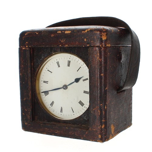 2512 - Brass drumhead mantel clock timepiece with platform escapement, within a Morocco leather travelling ... 