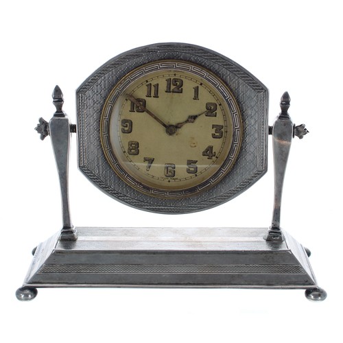 2513 - Small silvered engine turned swivel desk clock timepiece, hallmarked for Chester, date mark indeciph... 