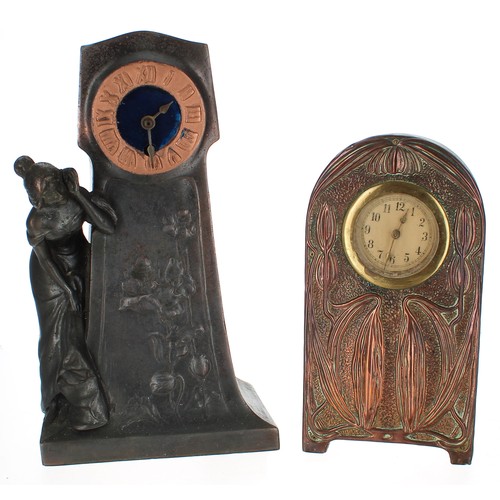 2516 - Art Nouveau style novelty figural mantel clock timepiece modelled with a lady standing by and listen... 