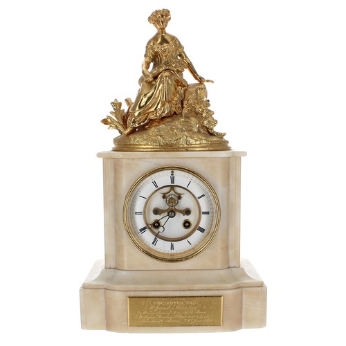 2308 - French white onyx eight day figural mantel clock, the Japy Freres movement with outside countwheel s... 