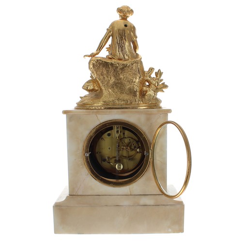 2308 - French white onyx eight day figural mantel clock, the Japy Freres movement with outside countwheel s... 