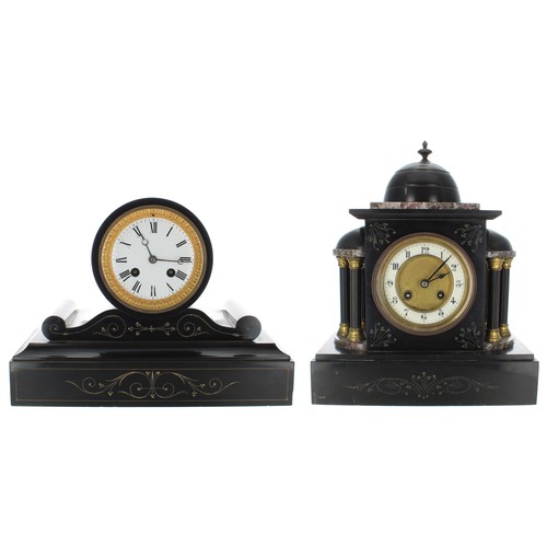 2312 - Two small French black slate two train mantel clocks, the tallest 12.75