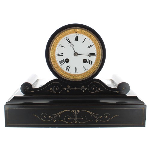 2312 - Two small French black slate two train mantel clocks, the tallest 12.75