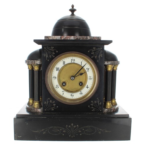 2312 - Two small French black slate two train mantel clocks, the tallest 12.75