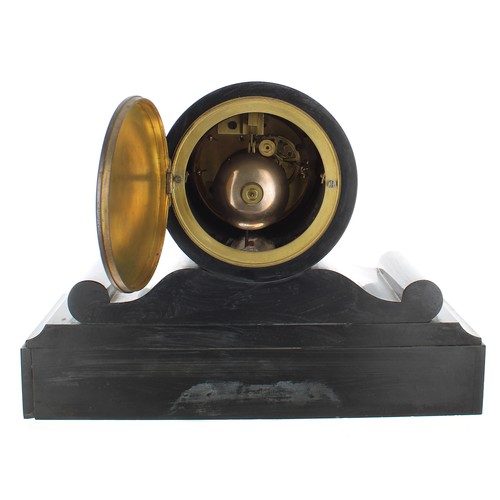 2312 - Two small French black slate two train mantel clocks, the tallest 12.75