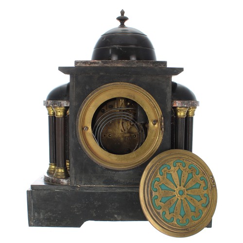 2312 - Two small French black slate two train mantel clocks, the tallest 12.75