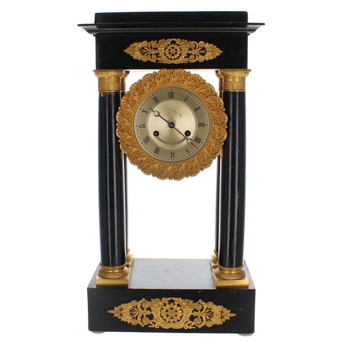 2314 - French ebonised and ormolu mounted portico two train mantel clock, the movement with outside countwh... 